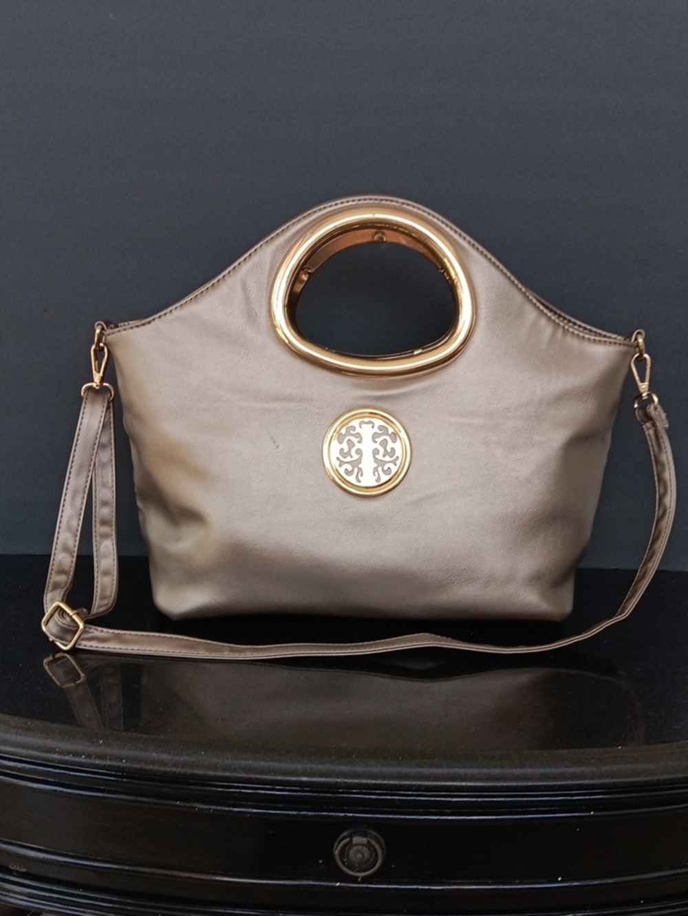 Elegant Metallic Taupe Tote with Gold Accent Size12×13×8